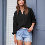 Womens Blouses Dressy Casual Long Sleeve Henley V-Neck Button Up Drop Shoulder Blouse Shirt Tops Relaxed Fit S-XXL - Zeagoo (Us Only)