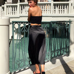 Women's Satin Midi Skirt High Waist Split Thigh Solid Zipper Skirt - Zeagoo (Us Only)