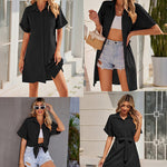 Women's Shirt Dress Button Down V Neck Blouse Short Roll-up Sleeve Tunic Tops with Pockets - Zeagoo (Us Only)