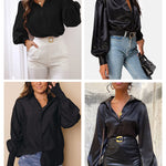 Women's Silk Shirts V Neck Shirred Lantern Sleeve Casual Work Blouse Tunic Tops - Zeagoo (Us Only)