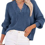 Women's Oversized Sweater V Neck Hooded Pullover Sweater Long Sleeve Knitted Jumper Tops - Zeagoo (Us Only)