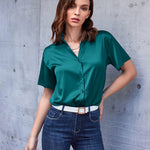 Zeagoo Women Satin Shirt V-Neck Short Sleeve Button Down Shirt Casual Loose Office Silk Tops  (Us Only)