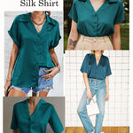 Zeagoo Women Satin Shirt V-Neck Short Sleeve Button Down Shirt Casual Loose Office Silk Tops  (Us Only)