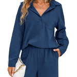 Womens 2 Piece Outfits Lounge Sets Cotton Linen Long Sleeve V-Neck Shirt and Mini Shorts With Pockets - Zeagoo (Us Only)
