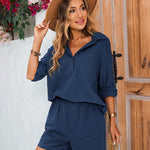 Womens 2 Piece Outfits Lounge Sets Cotton Linen Long Sleeve V-Neck Shirt and Mini Shorts With Pockets - Zeagoo (Us Only)