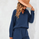 Womens 2 Piece Outfits Lounge Sets Cotton Linen Long Sleeve V-Neck Shirt and Mini Shorts With Pockets - Zeagoo (Us Only)