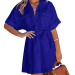 Women's Shirt Dress Button Down V Neck Blouse Short Roll-up Sleeve Tunic Tops with Pockets - Zeagoo (Us Only)
