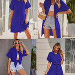 Women's Shirt Dress Button Down V Neck Blouse Short Roll-up Sleeve Tunic Tops with Pockets - Zeagoo (Us Only)