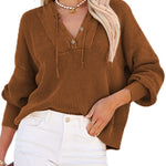 Women's Oversized Sweater V Neck Hooded Pullover Sweater Long Sleeve Knitted Jumper Tops - Zeagoo (Us Only)