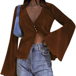 Women's Deep V Neck Shirt Button Front Blouse Bell Long Sleeve Tops - Zeagoo (Us Only)
