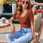 Zeagoo Short Sleeve Square Neck Slim Fitted Tops