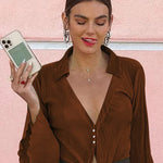 Women's Deep V Neck Shirt Button Front Blouse Bell Long Sleeve Tops - Zeagoo (Us Only)