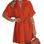 Women's Shirt Dress Button Down V Neck Blouse Short Roll-up Sleeve Tunic Tops with Pockets - Zeagoo (Us Only)