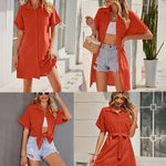 Women's Shirt Dress Button Down V Neck Blouse Short Roll-up Sleeve Tunic Tops with Pockets - Zeagoo (Us Only)
