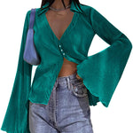 Women's Deep V Neck Shirt Button Front Blouse Bell Long Sleeve Tops - Zeagoo (Us Only)