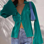 Women's Deep V Neck Shirt Button Front Blouse Bell Long Sleeve Tops - Zeagoo (Us Only)