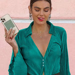 Women's Deep V Neck Shirt Button Front Blouse Bell Long Sleeve Tops - Zeagoo (Us Only)