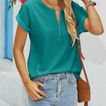 Women's Casual Rolled Short Sleeve Tops Half Zip Shirts Loose Waffle Knit T Shirts Blouse - Zeagoo (Us Only)