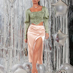 Women's Satin Midi Skirt High Waist Split Thigh Solid Zipper Skirt - Zeagoo (Us Only)
