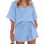 Women's 2 Piece Cotton Linen Tracksuit Short Sleeve Casual Shorts Set V Neck Beach Outfits - Zeagoo (Us Only)