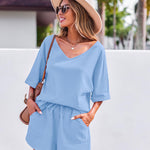 Women's 2 Piece Cotton Linen Tracksuit Short Sleeve Casual Shorts Set V Neck Beach Outfits - Zeagoo (Us Only)