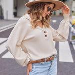 Zeagoo Women V Neck Sweater Lantern Sleeve Drop Shoulder Oversized Henley Knit Pullover Tops S-XXL
