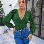 Women Sexy Bodysuits Long Sleeve V Neck Jumpsuits Tops Leotard Shirts - Zeagoo (Us Only)