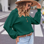 Zeagoo Women V Neck Sweater Lantern Sleeve Drop Shoulder Oversized Henley Knit Pullover Tops S-XXL