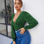 Women Sexy Bodysuits Long Sleeve V Neck Jumpsuits Tops Leotard Shirts - Zeagoo (Us Only)