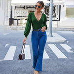 Women Sexy Bodysuits Long Sleeve V Neck Jumpsuits Tops Leotard Shirts - Zeagoo (Us Only)