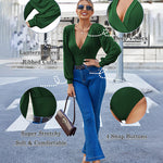Women Sexy Bodysuits Long Sleeve V Neck Jumpsuits Tops Leotard Shirts - Zeagoo (Us Only)
