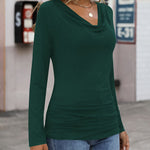 Womens Long Sleeve Ruched Top Slim Fitted Cowl Neck Wrap Shirts with Side Shirring - Zeagoo (Us Only)