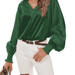 Women's Silk Shirts V Neck Shirred Lantern Sleeve Casual Work Blouse Tunic Tops - Zeagoo (Us Only)