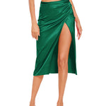 Women's Satin Midi Skirt High Waist Split Thigh Solid Zipper Skirt - Zeagoo (Us Only)