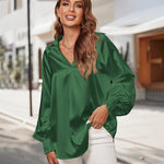 Women's Silk Shirts V Neck Shirred Lantern Sleeve Casual Work Blouse Tunic Tops - Zeagoo (Us Only)
