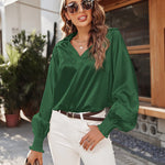 Women's Silk Shirts V Neck Shirred Lantern Sleeve Casual Work Blouse Tunic Tops - Zeagoo (Us Only)