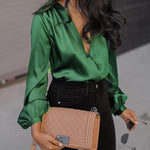 Women's Silk Shirts V Neck Shirred Lantern Sleeve Casual Work Blouse Tunic Tops - Zeagoo (Us Only)