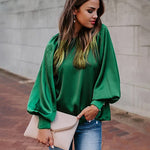 Women's Silk Shirts V Neck Shirred Lantern Sleeve Casual Work Blouse Tunic Tops - Zeagoo (Us Only)