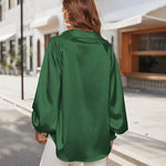 Women's Silk Shirts V Neck Shirred Lantern Sleeve Casual Work Blouse Tunic Tops - Zeagoo (Us Only)