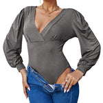 Women Sexy Bodysuits Long Sleeve V Neck Jumpsuits Tops Leotard Shirts - Zeagoo (Us Only)