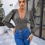 Women Sexy Bodysuits Long Sleeve V Neck Jumpsuits Tops Leotard Shirts - Zeagoo (Us Only)