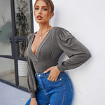 Women Sexy Bodysuits Long Sleeve V Neck Jumpsuits Tops Leotard Shirts - Zeagoo (Us Only)