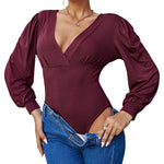 Women Sexy Bodysuits Long Sleeve V Neck Jumpsuits Tops Leotard Shirts - Zeagoo (Us Only)