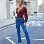 Women Sexy Bodysuits Long Sleeve V Neck Jumpsuits Tops Leotard Shirts - Zeagoo (Us Only)