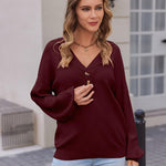 Zeagoo Women V Neck Sweater Lantern Sleeve Drop Shoulder Oversized Henley Knit Pullover Tops S-XXL
