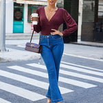 Women Sexy Bodysuits Long Sleeve V Neck Jumpsuits Tops Leotard Shirts - Zeagoo (Us Only)