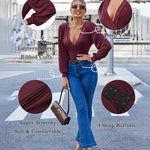 Women Sexy Bodysuits Long Sleeve V Neck Jumpsuits Tops Leotard Shirts - Zeagoo (Us Only)