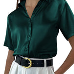 Zeagoo Women Satin Shirt V-Neck Short Sleeve Button Down Shirt Casual Loose Office Silk Tops  (Us Only)