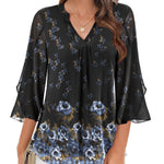 Zeagoo 3/4 Sleeve Ruffle V Neck Flowy Floral Mesh Blouses