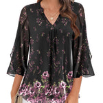Zeagoo 3/4 Sleeve Ruffle V Neck Flowy Floral Mesh Blouses